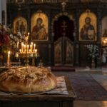 Православен храм със свещи и обреден хляб – илюстрация към Архангелова задушница 2026