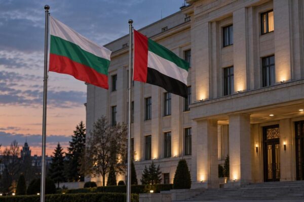 Българското знаме и знамето на Обединените арабски емирства пред институционална сграда