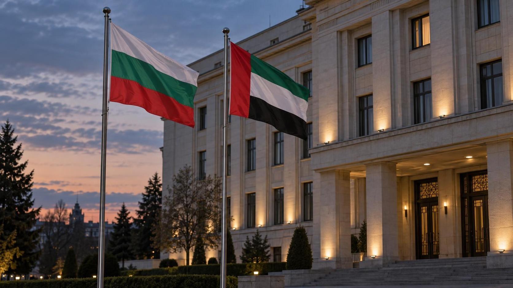 Българското знаме и знамето на Обединените арабски емирства пред институционална сграда