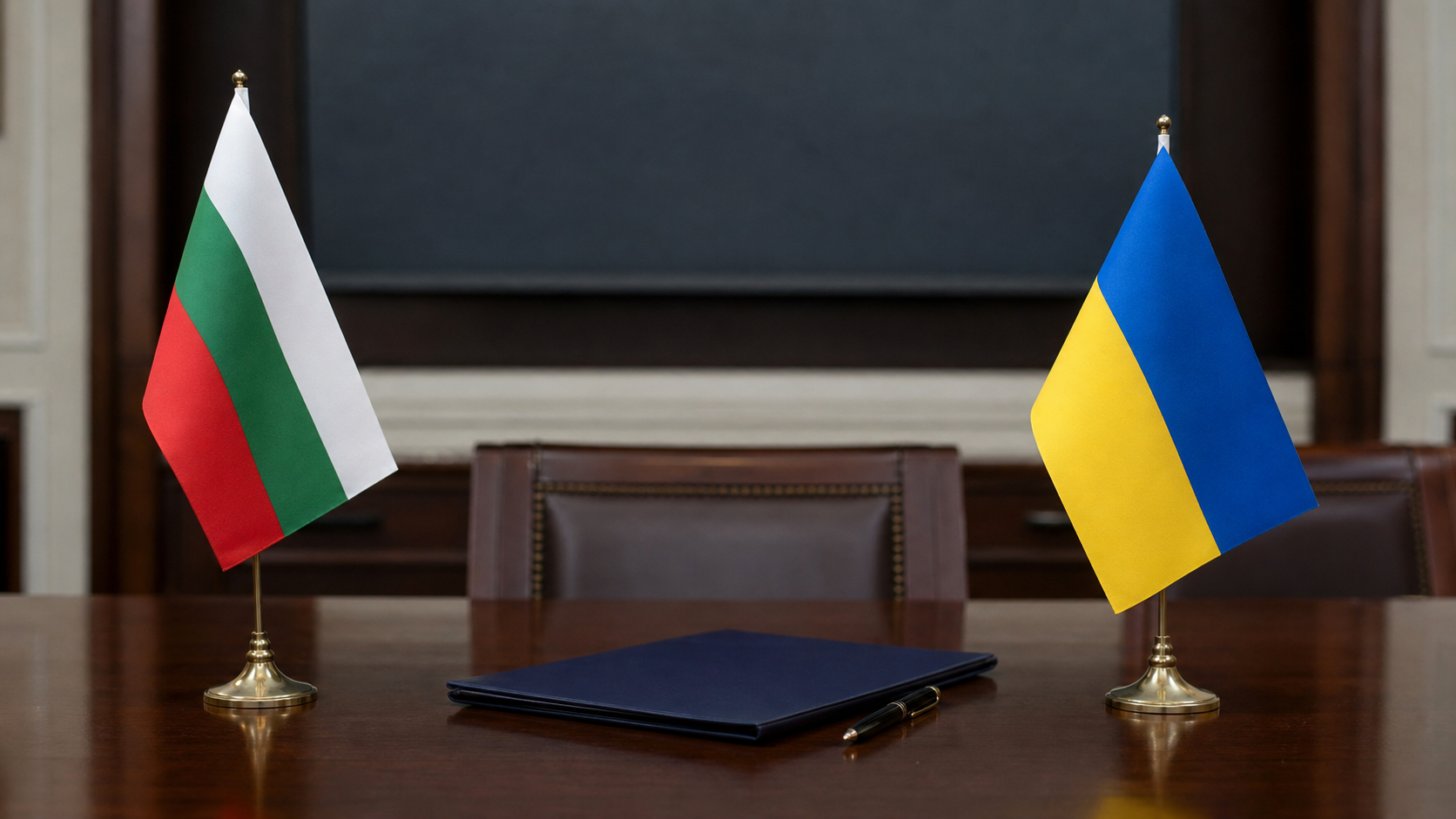 Българско и украинско знаме върху маса с официални документи