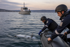 Военноморски екип проверява останки от дрон в Черно море край Созопол