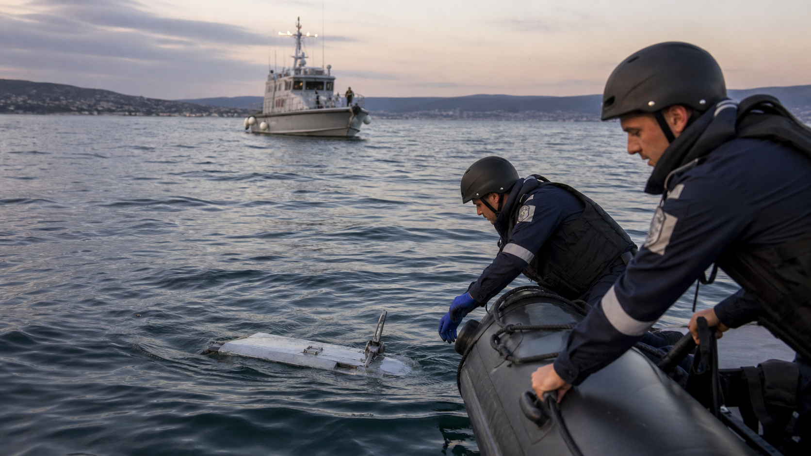 Военноморски екип проверява останки от дрон в Черно море край Созопол