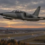 Илюстрация на учебно-бойен самолет L-39 във въздуха над военна авиобаза