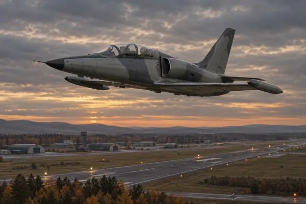 Илюстрация на учебно-бойен самолет L-39 във въздуха над военна авиобаза