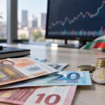 Евробанкноти, монети и графика като илюстрация към прогнозата на МВФ за България през 2026 г.