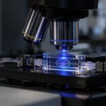 Лабораторен микроскоп със синя светлина като илюстрация на оптогенетиката