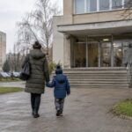 Възрастен и дете се държат за ръце пред сграда на социална служба, илюстрация към данни за осиновяването