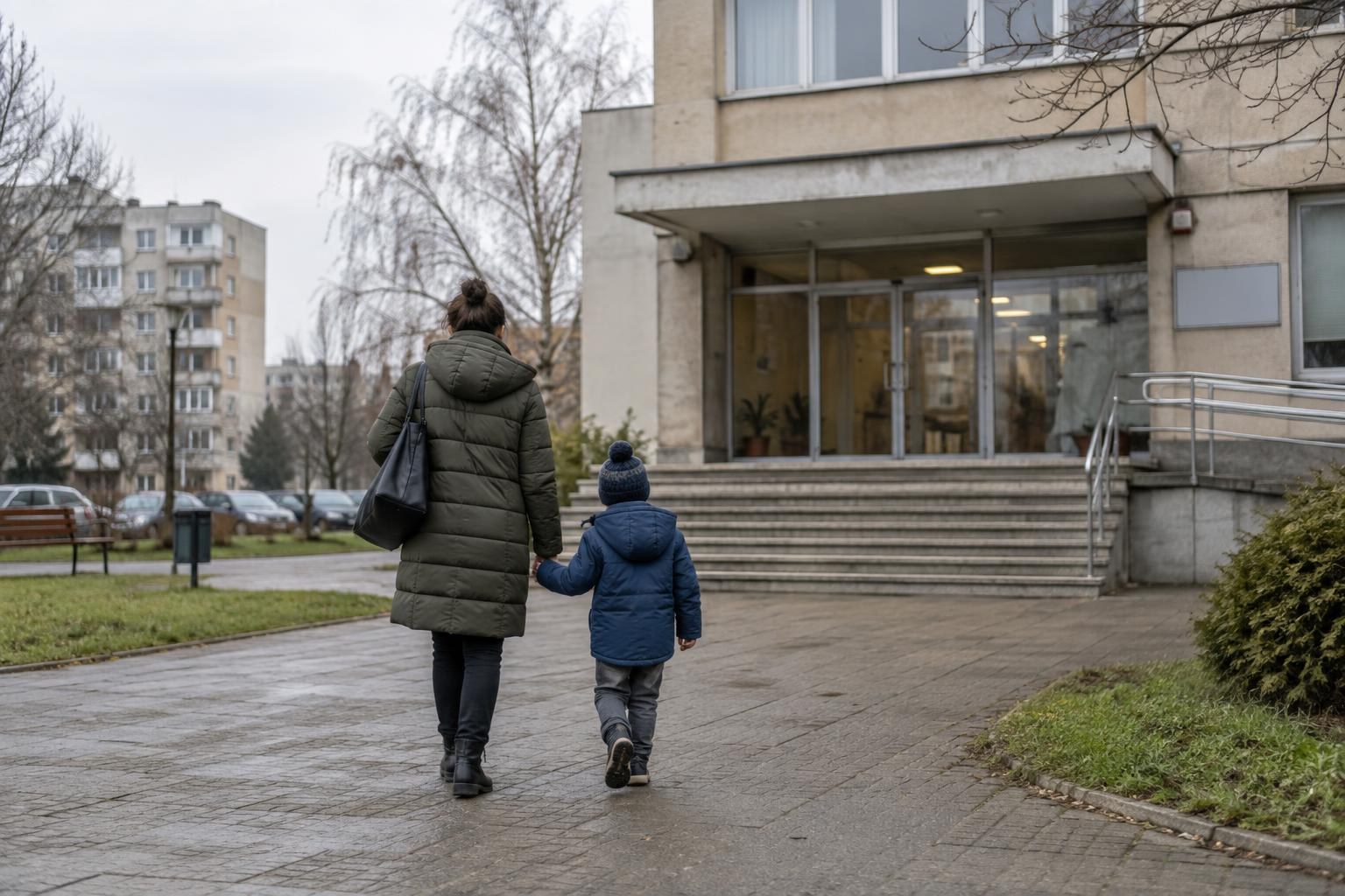 Възрастен и дете се държат за ръце пред сграда на социална служба, илюстрация към данни за осиновяването