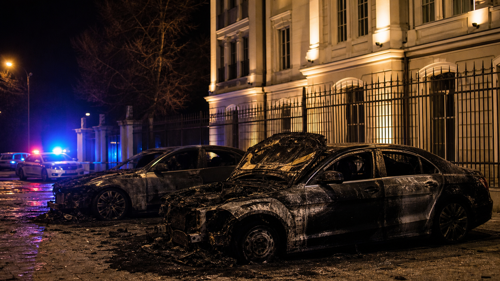 Дипломатическа сграда и автомобили след пожар през нощта