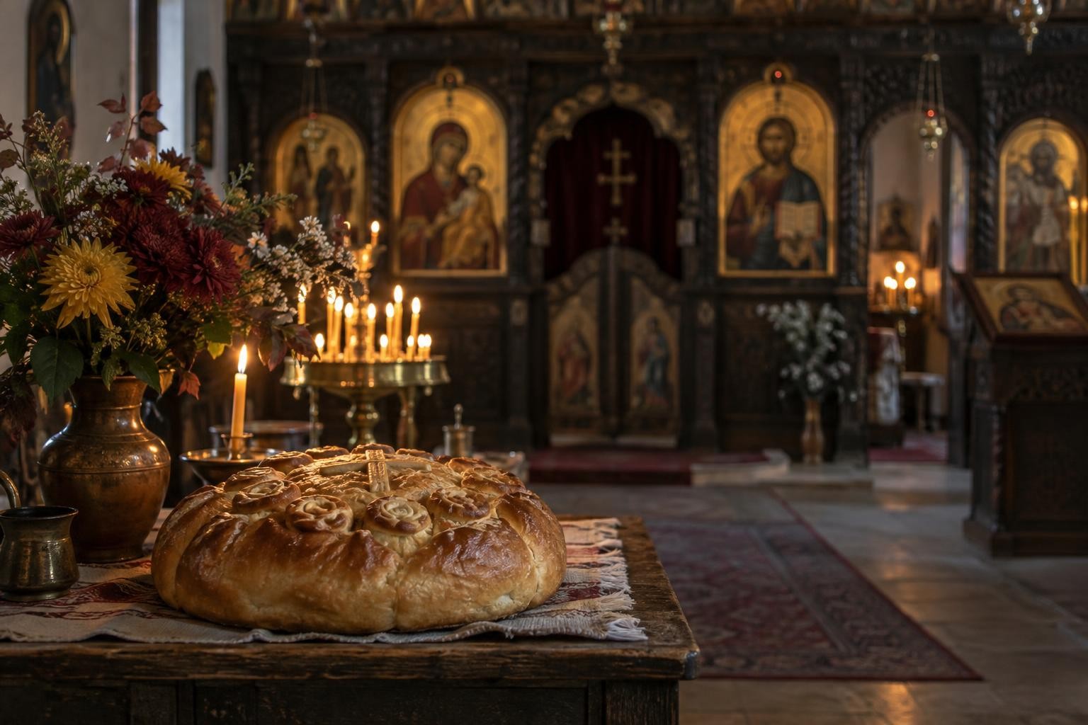 Празнична пита и свещи в православен храм за Петковден