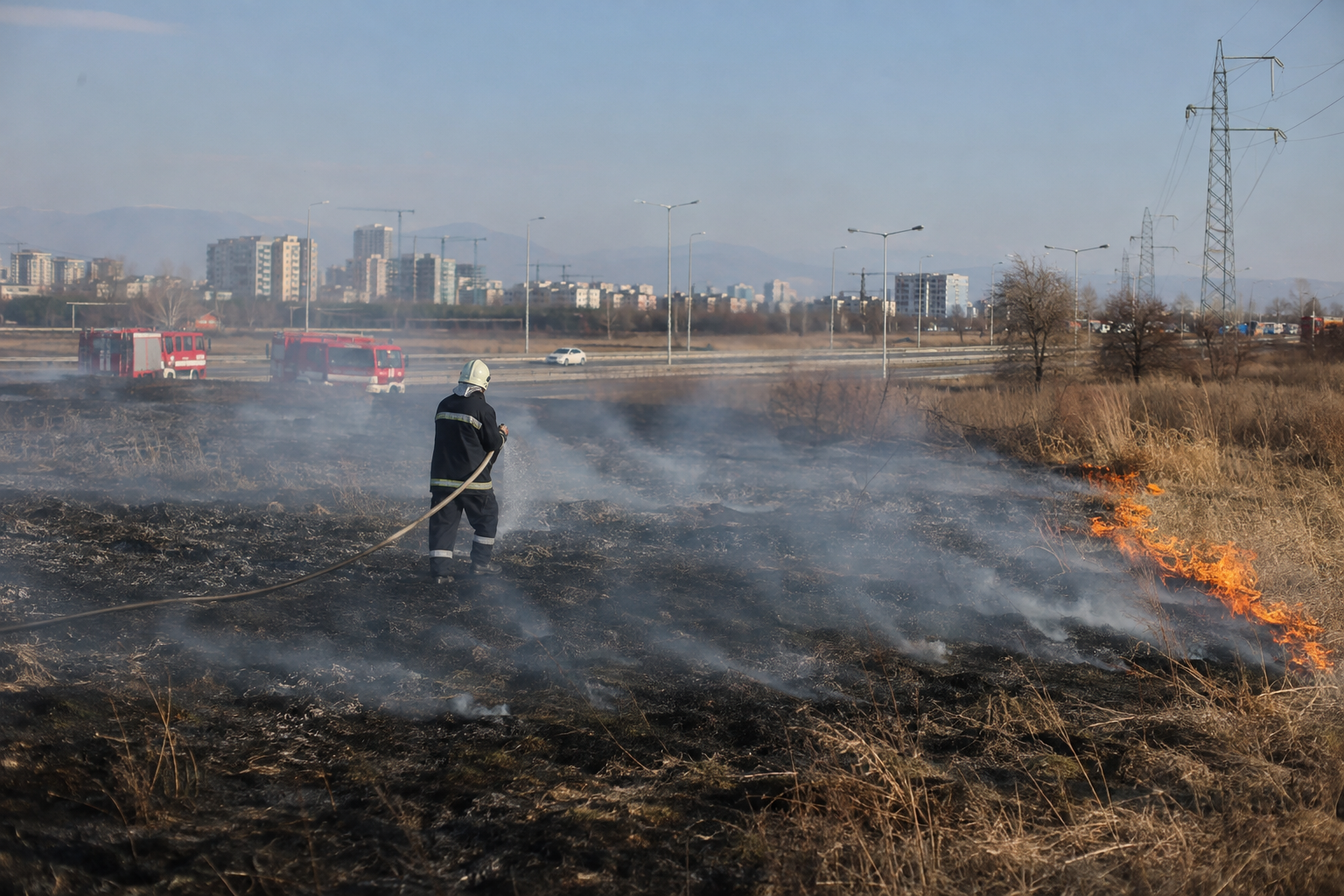 пожарникари гасят сухи треви край градски път в София