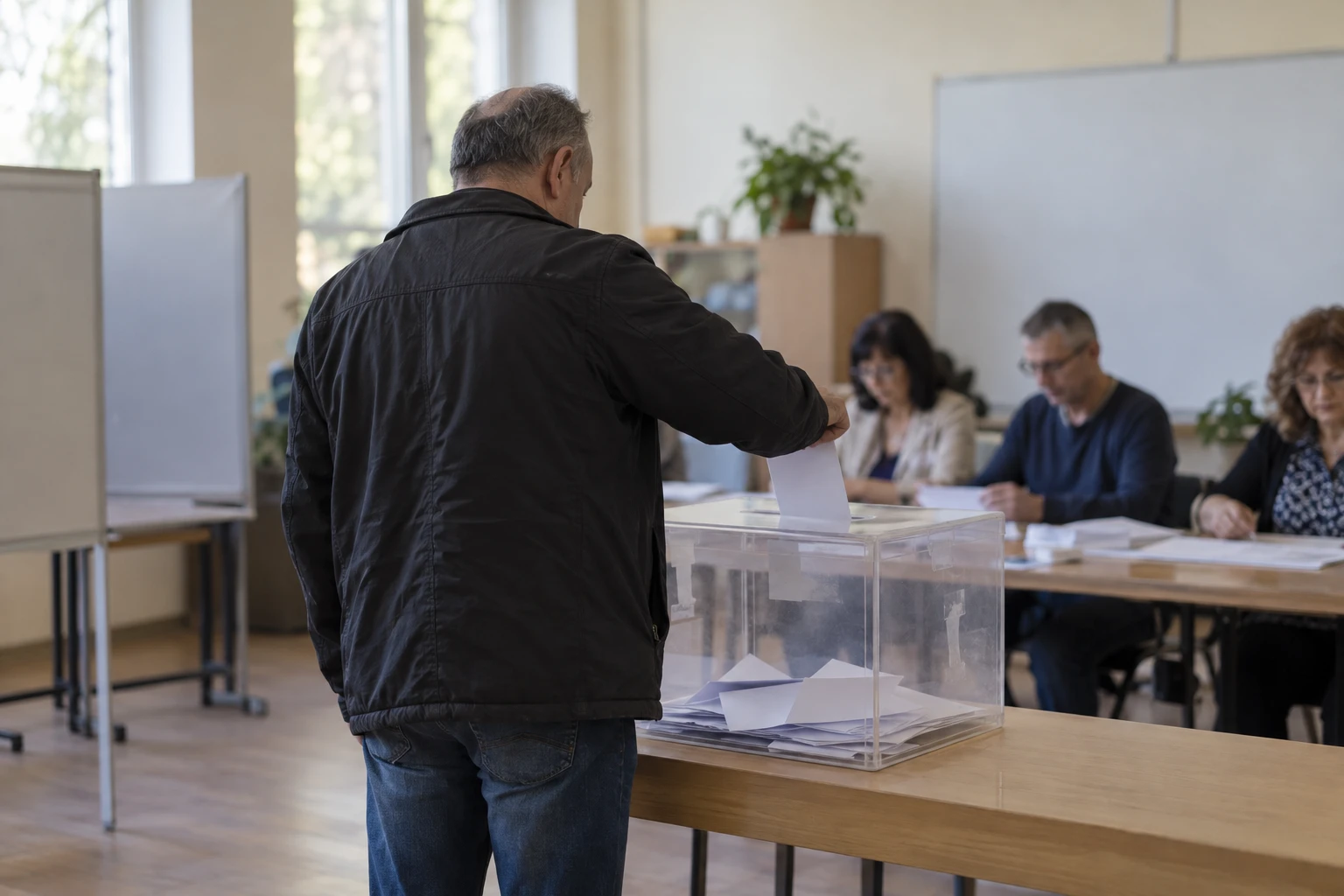 Избирател пуска бюлетина в прозрачна урна на президентските избори през 2026 г.