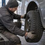 Механик монтира зимна гума на автомобил в сервиз през есента